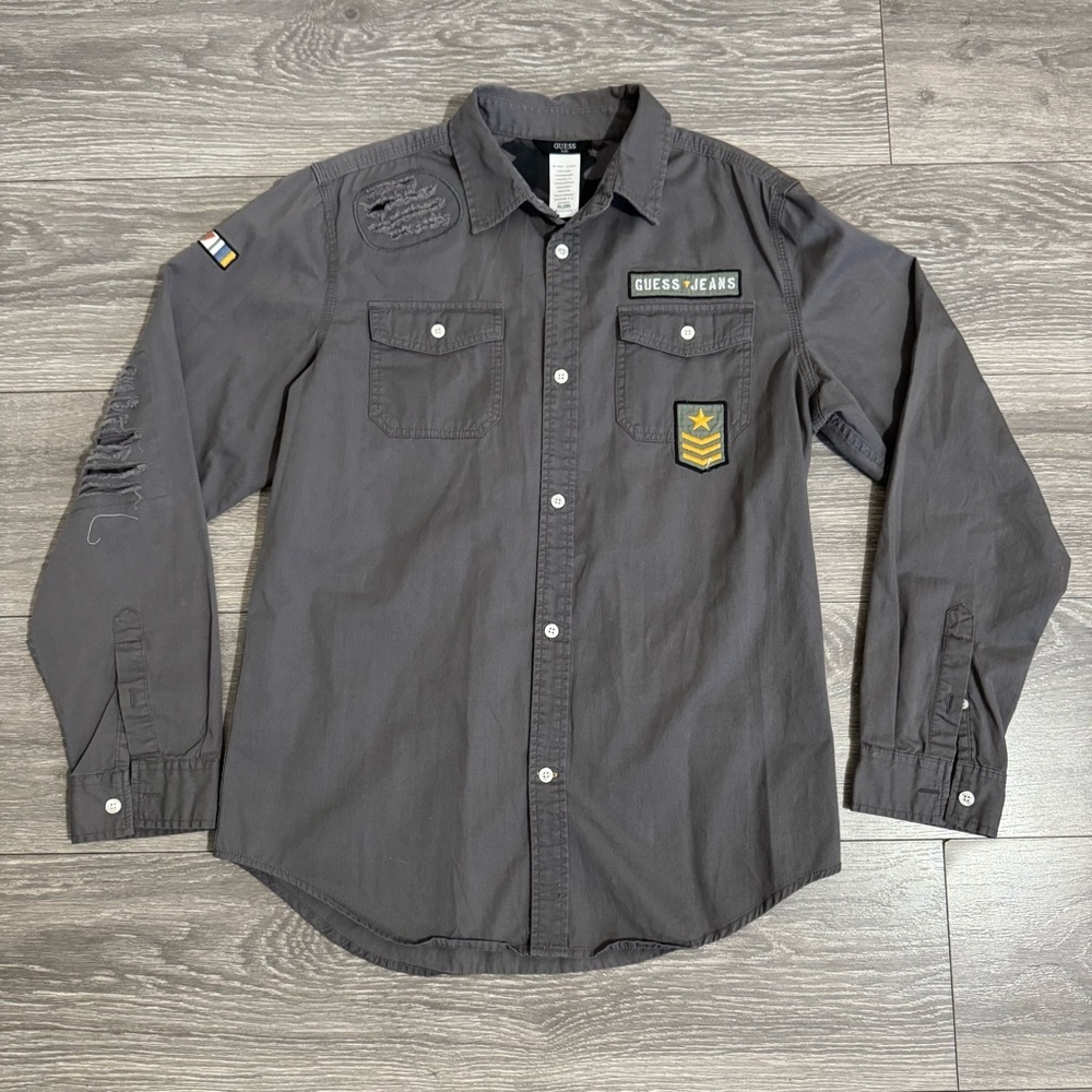 Guess Kids Gray Patched Casual Button Down Army Shirt Sturdy Fabric Sz XL Flawed
